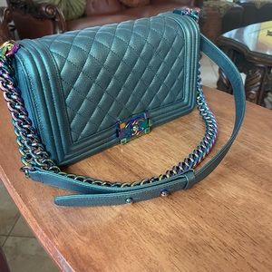 16C Chanel Iridescent Emerald Green Small Boy Classic Flap Bag Rainbow HW